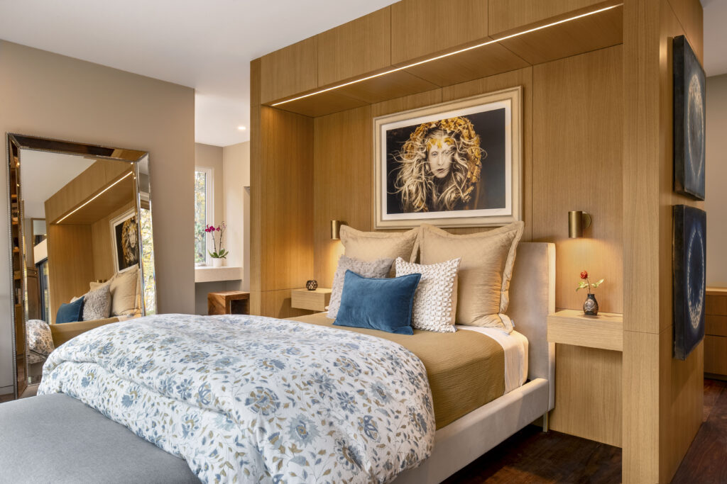 Modern wood clad bedroom volume at Fermata