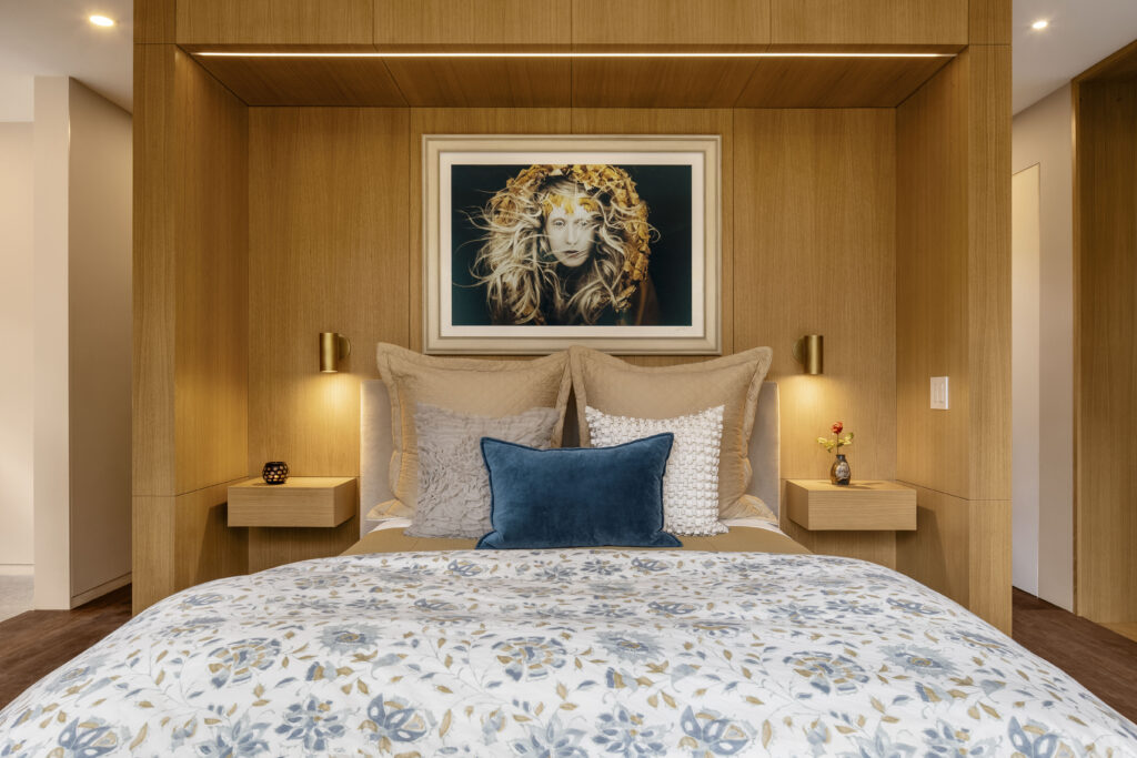 Fermata includes a custom built white oak headboard and floating nightstands.