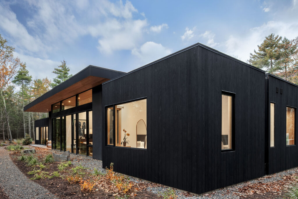 The charred black siding at Fermata creates a deep, striking finish.