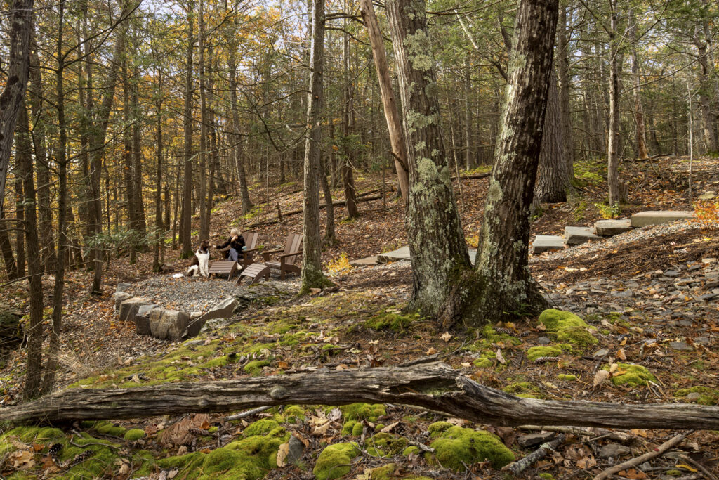 The landscaping at Fermata is kept simple, with a seating area nestled into the forested landscape.